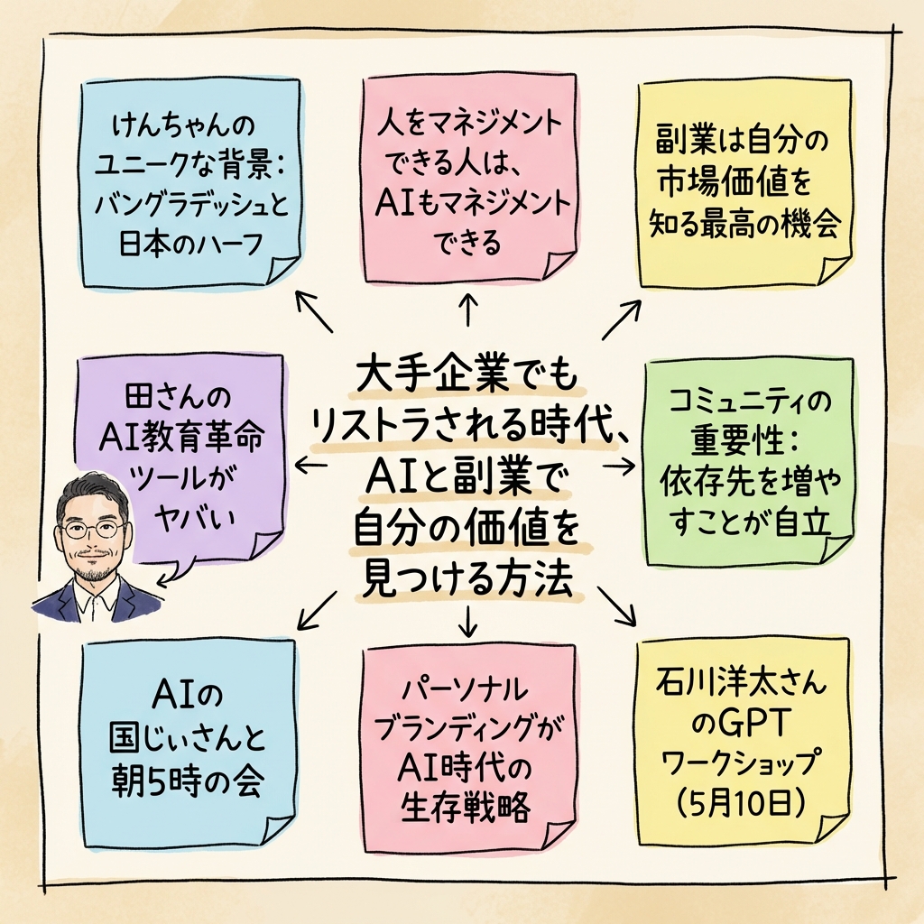 大手企業でもリストラされる時代、AIと副業で自分の価値を見つの全体図解