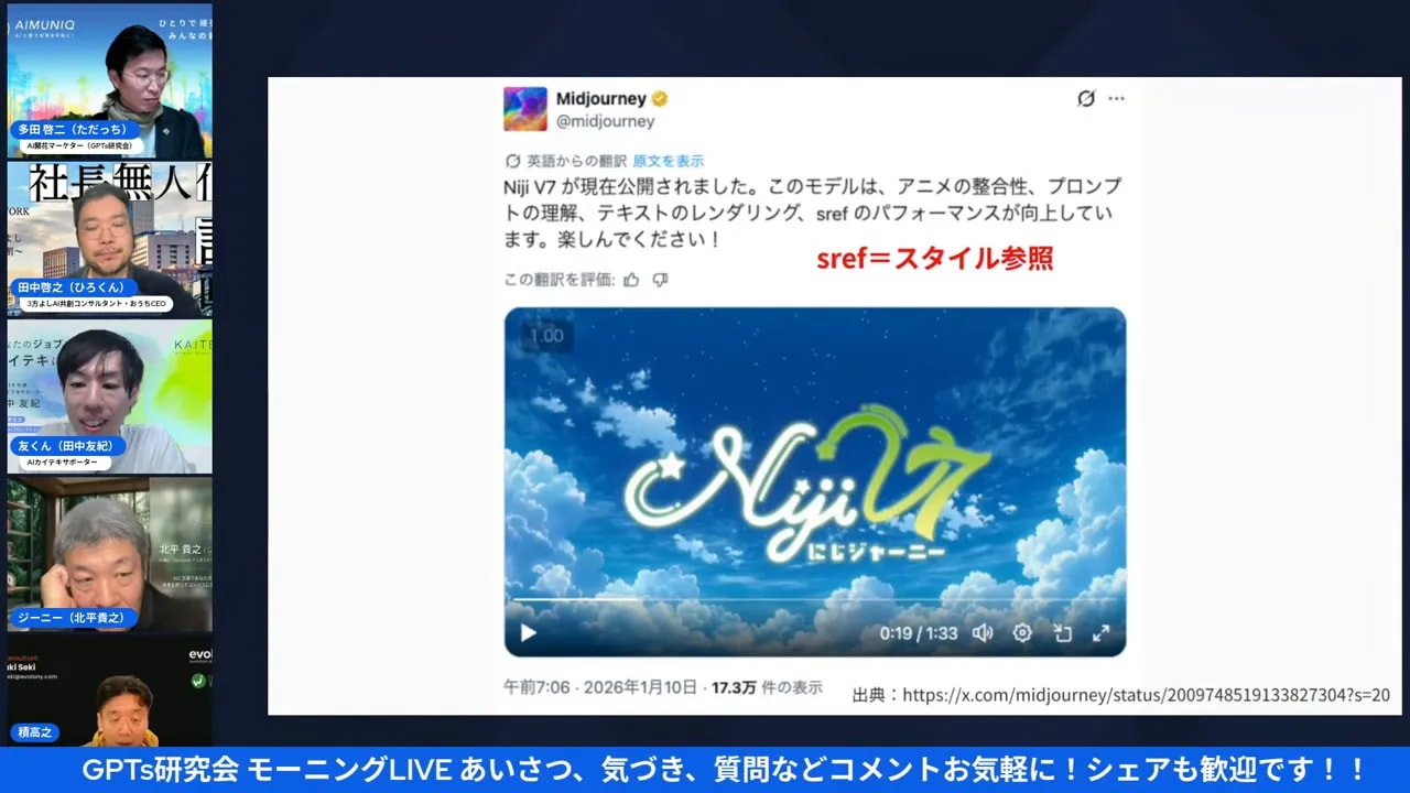 MidJourneyのNiji V7発表ツイートとサンプル動画サムネイルを示すスライドが中央に表示された配信画面の高解像度スクリーンショット