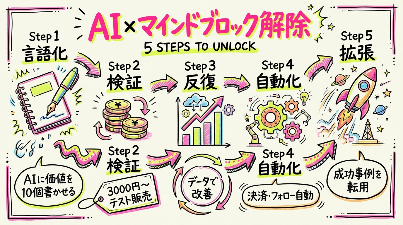 AI×マインドブロック解除の5ステップワークフローのグラフィックレコーディング