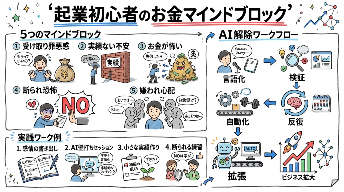 起業初心者のお金マインドブロック5つとAI解除術のグラフィックレコーディング