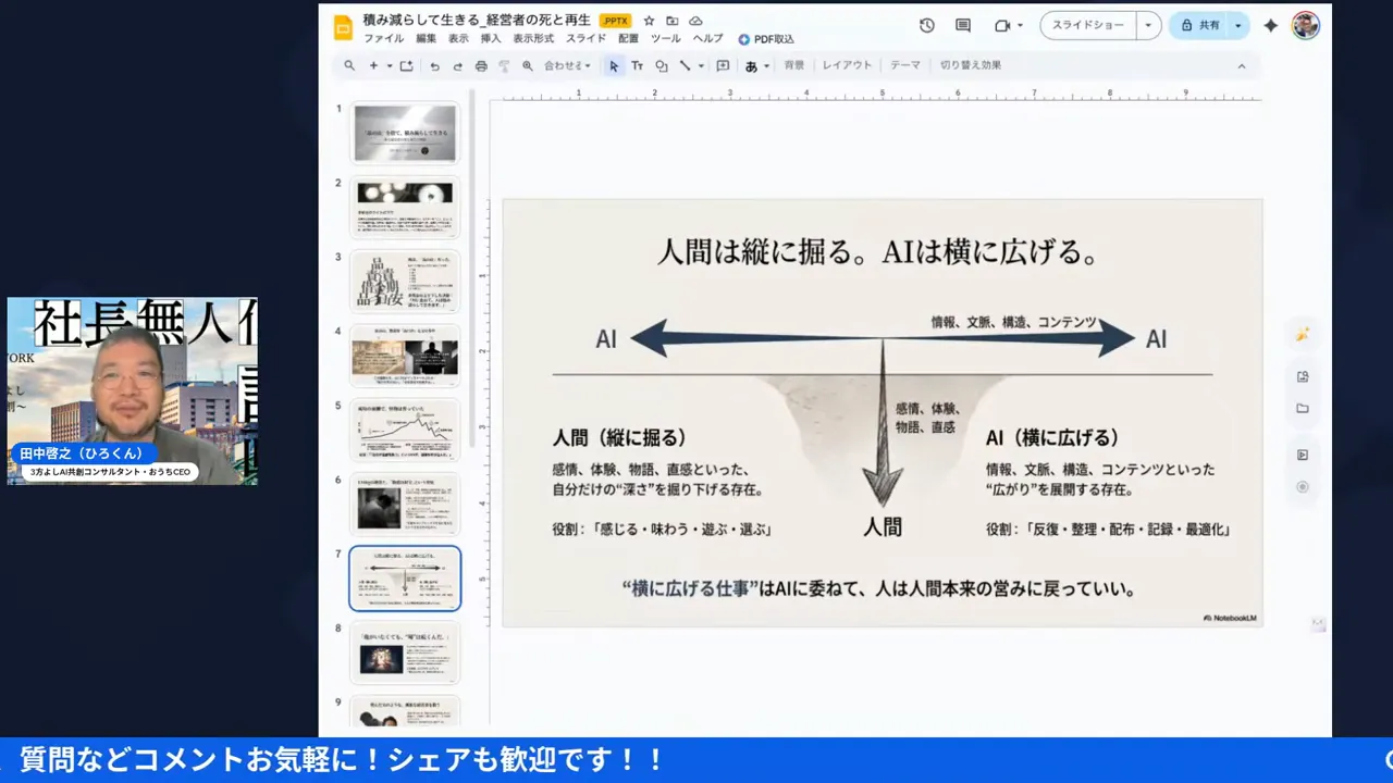 スライド:『人間は縦に掘る。AIは横に広げる。』という図解が大きく表示されたプレゼン画面