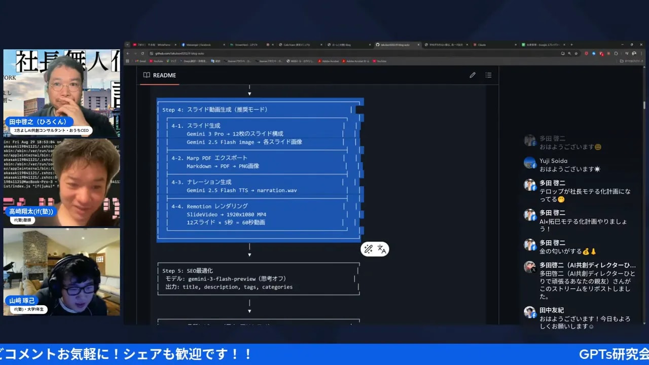 READMEのStep4「スライド動画生成」セクションが鮮明に表示されたスクリーンショット。左に登壇者タイル、右にライブチャットが並ぶ配信画面。