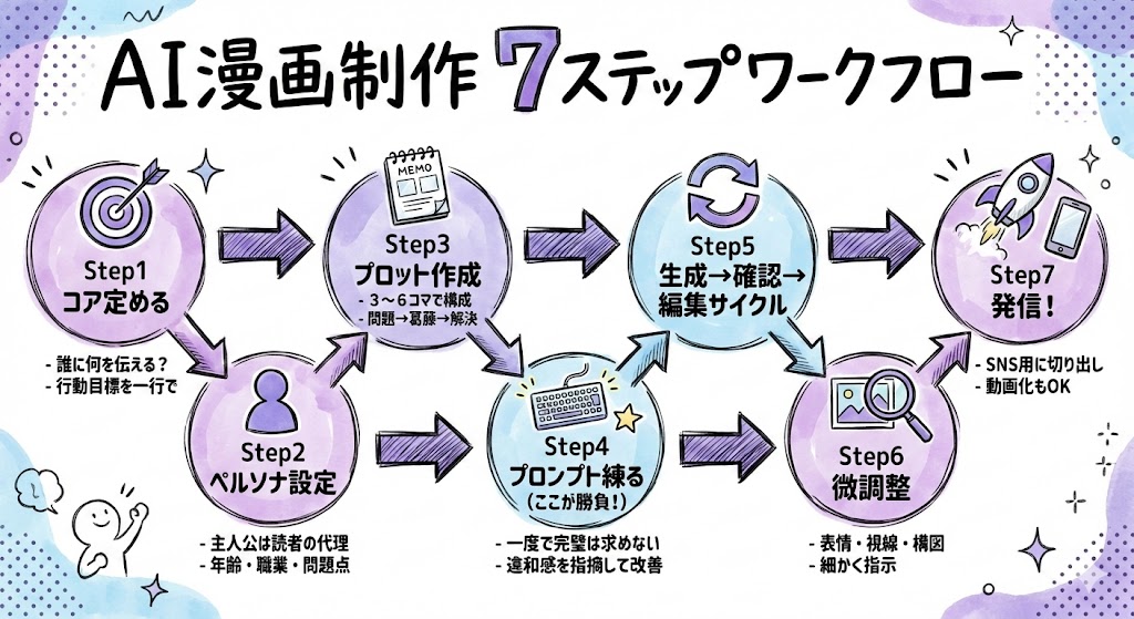 AI漫画制作7ステップワークフローのグラフィックレコーディング