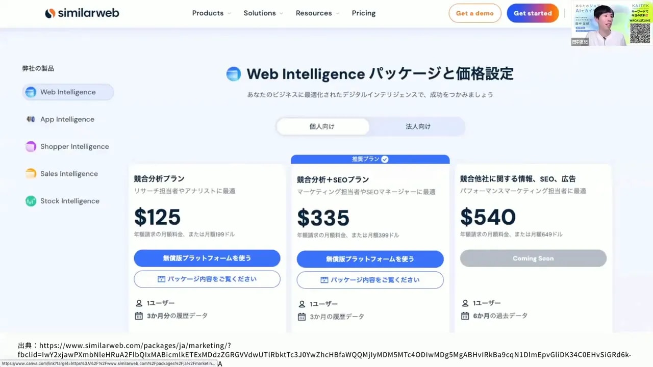 SimilarWebのWeb Intelligenceパッケージと価格を示すスクリーンショット