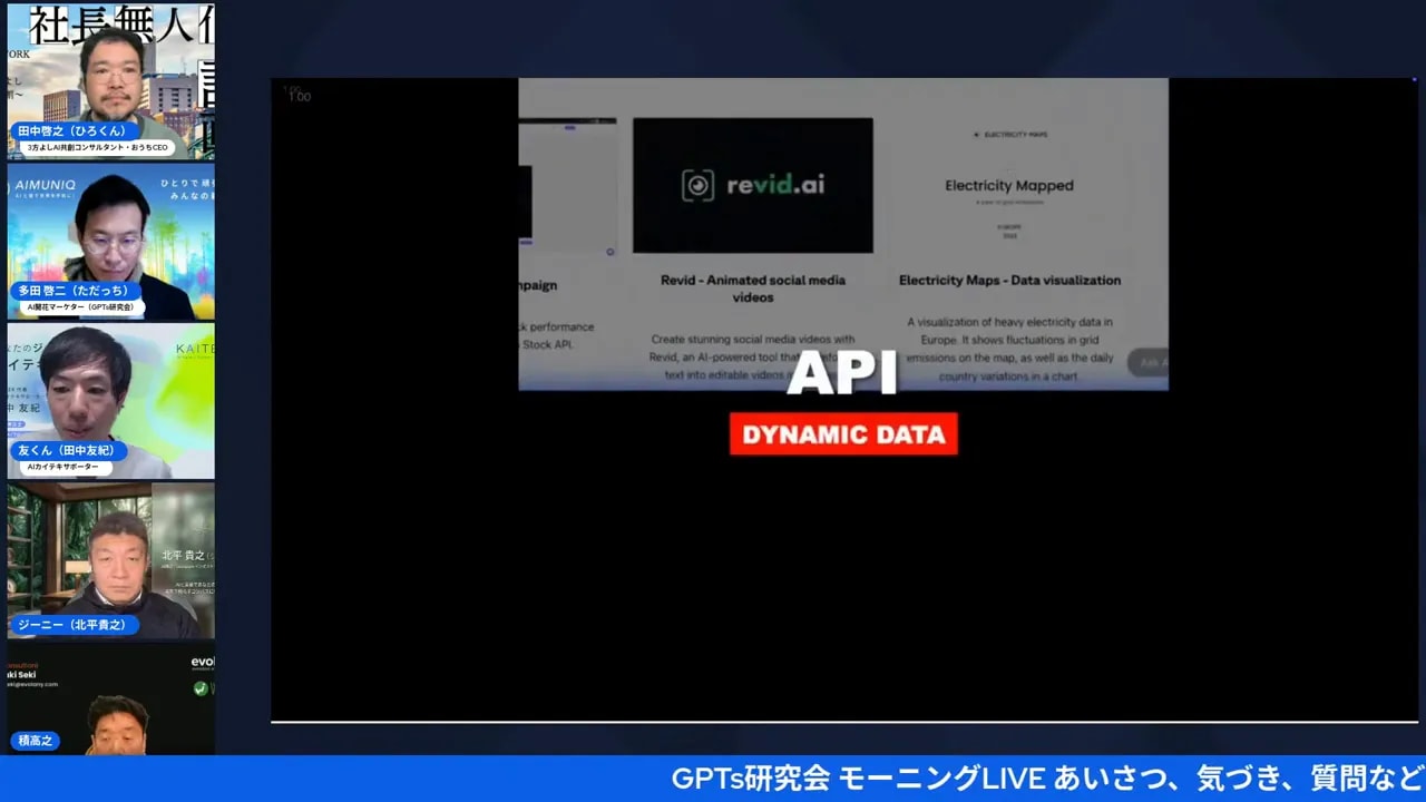 ウェビナーのスクリーンショット:中央に『API / DYNAMIC DATA』のテキストがはっきり見えるプレゼン画面