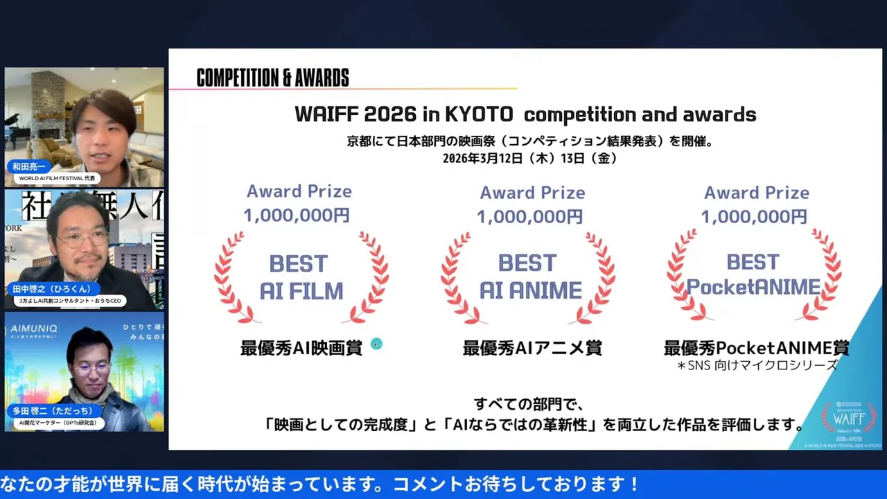 WAFF 2026 in KYOTO のコンペティション&アワードのスライド。各部門(BEST AI FILM、BEST AI ANIME、BEST PocketANIME)と賞金が見える。