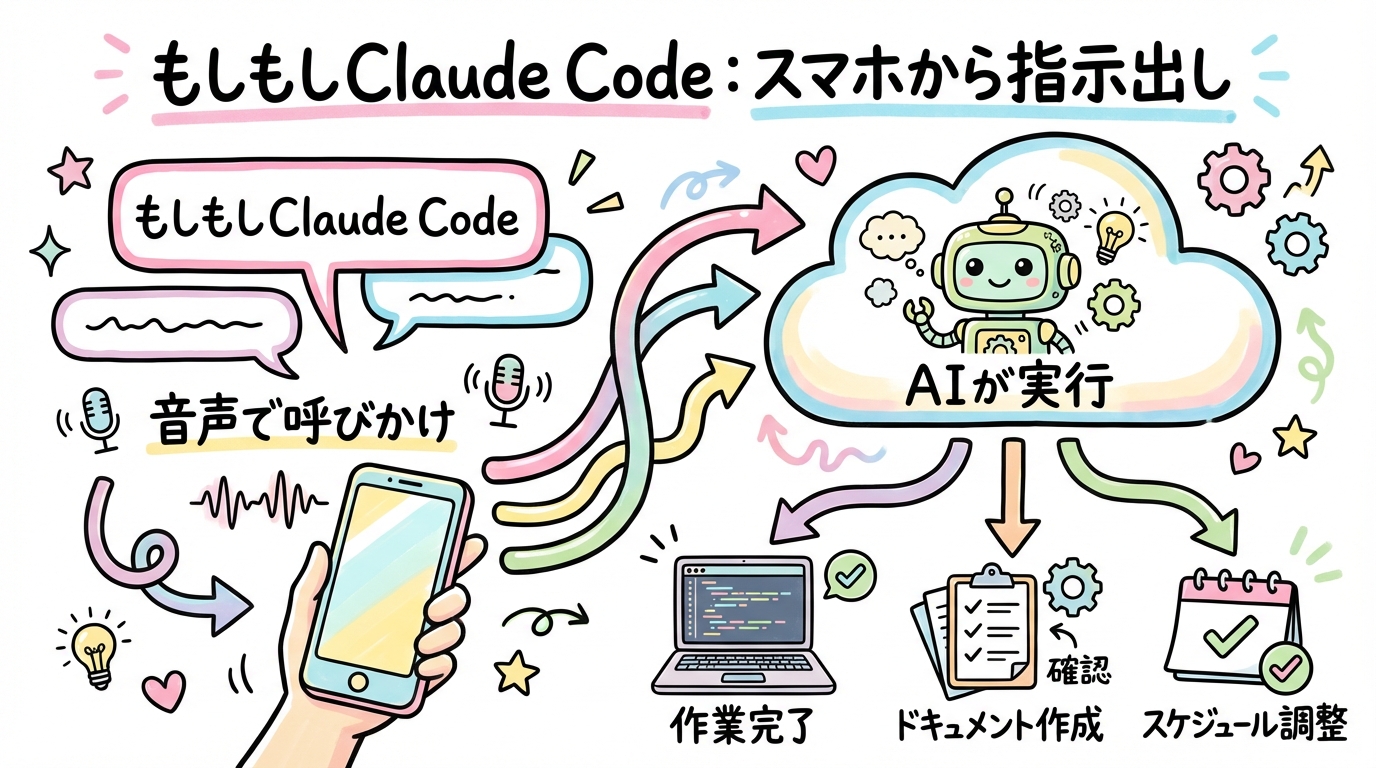 未来構想：「もしもしClaude Code」でスマホから指示出しの図解