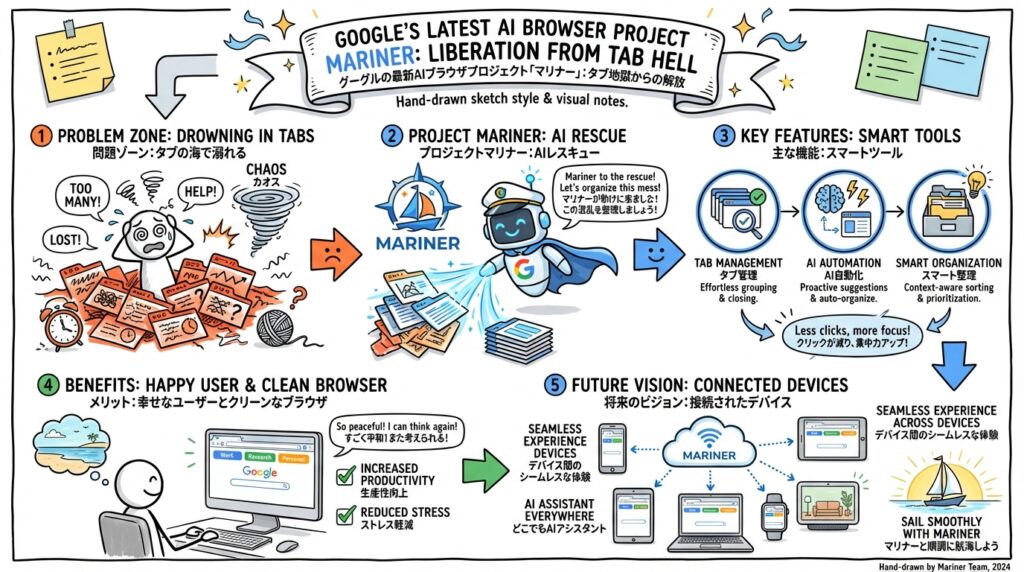 Google最新AIブラウザProject Marinerとは？タブ地獄からの解放 グラフィックレコーディング