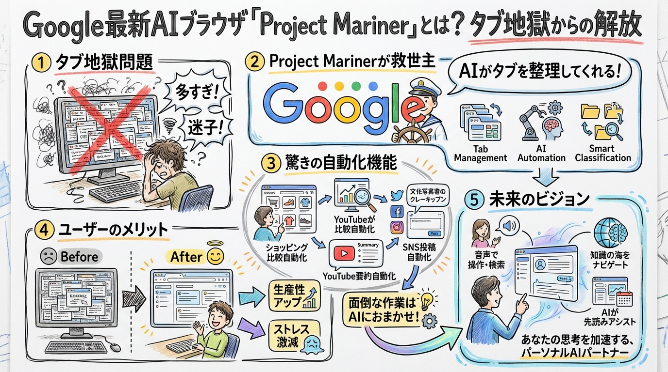 Google最新AIブラウザProject Marinerとは?タブ地獄からの解放 グラフィックレコーディング