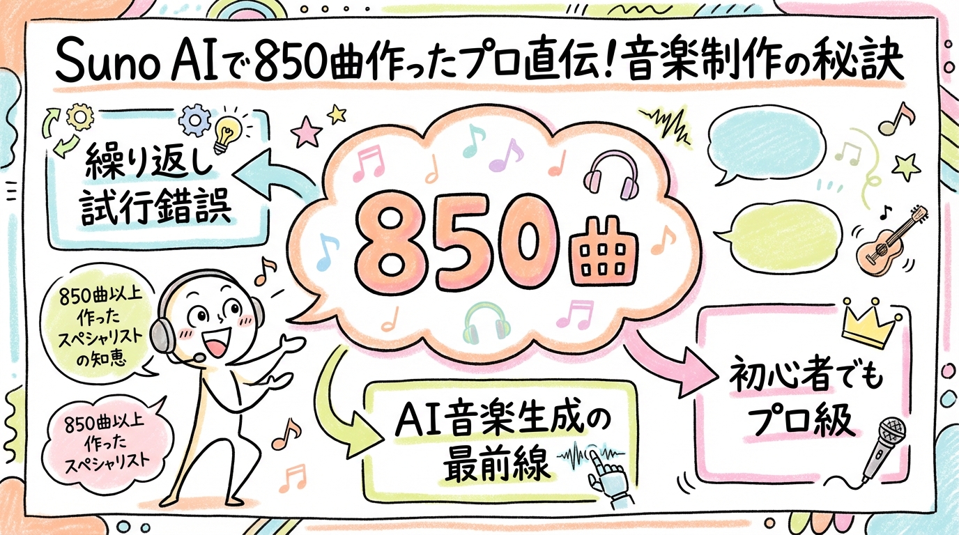 Suno AIで850曲作ったプロ直伝!音楽制作の秘訣 グラフィックレコーディング