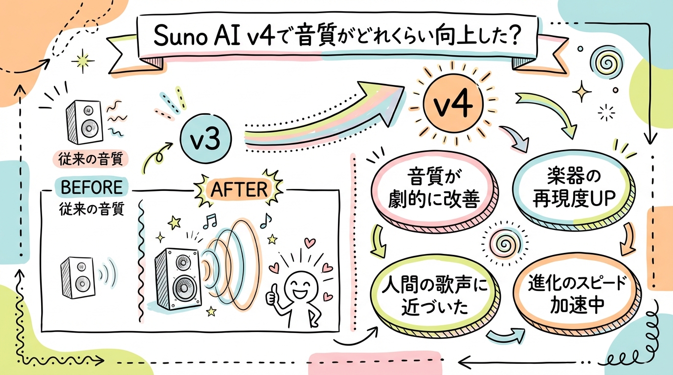 Suno AI v4で音質がどれくらい向上した? グラフィックレコーディング