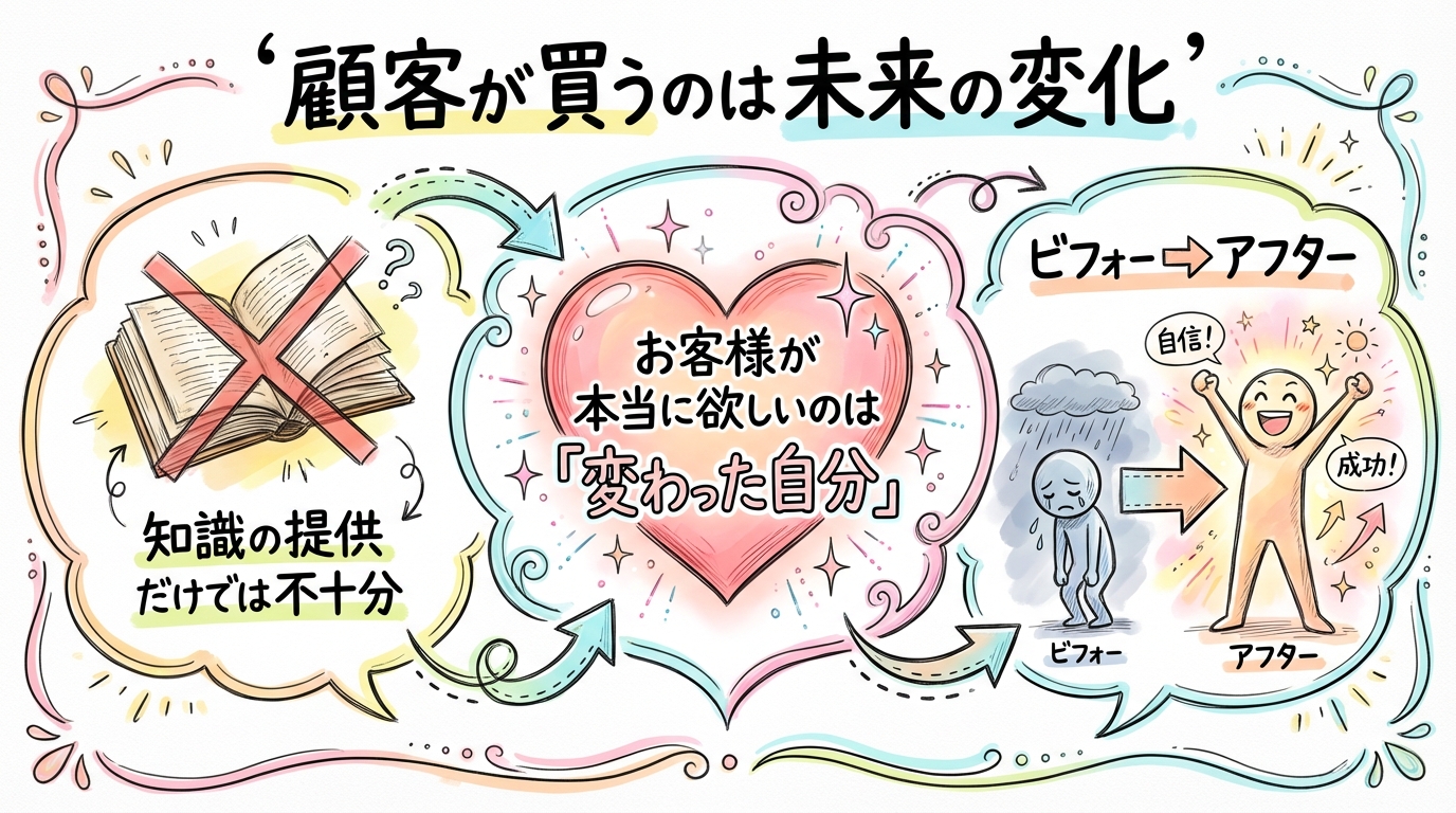【設計ミス2】知識の提供で満足していませんか?顧客が買うのは「未来の変化」の図解