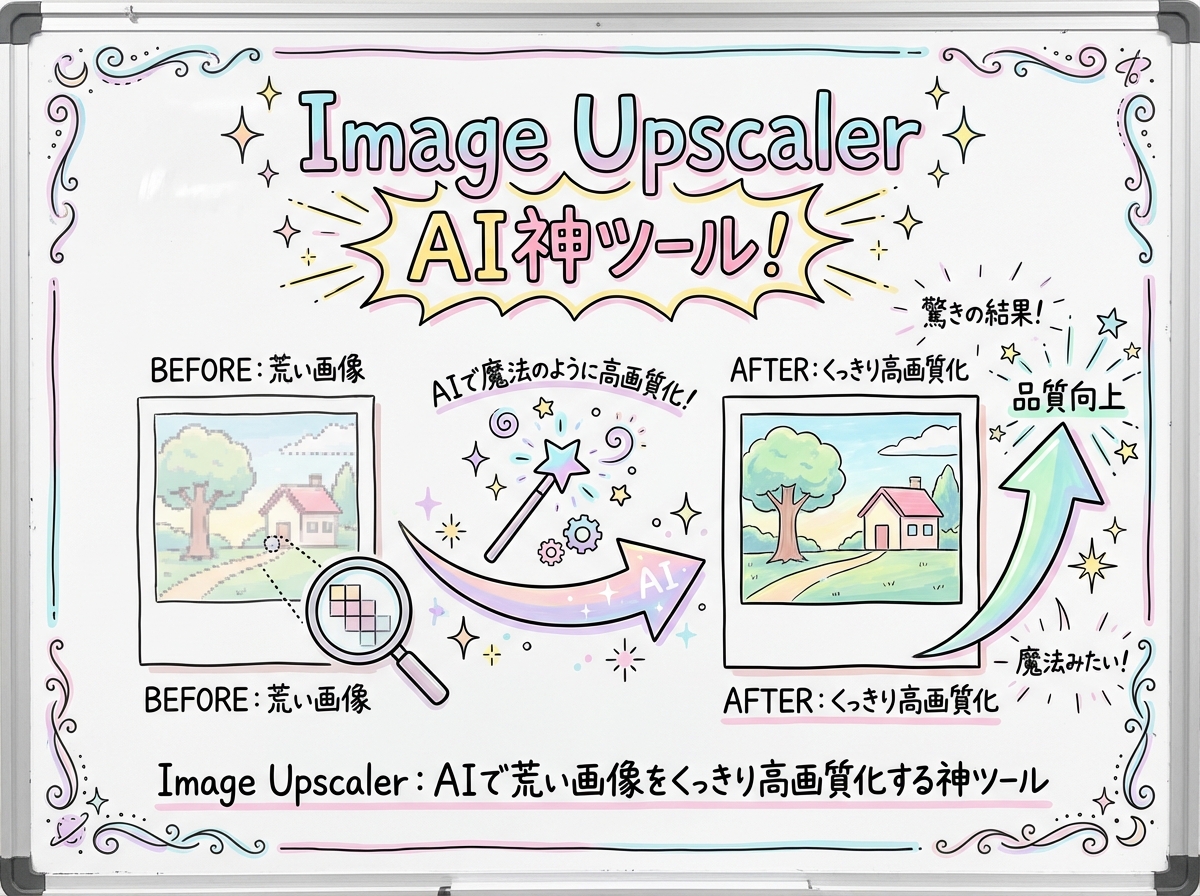Canvaアプリ④ Image Upscaler：AIで荒い画像をくっきり高画質化する神ツールの図解