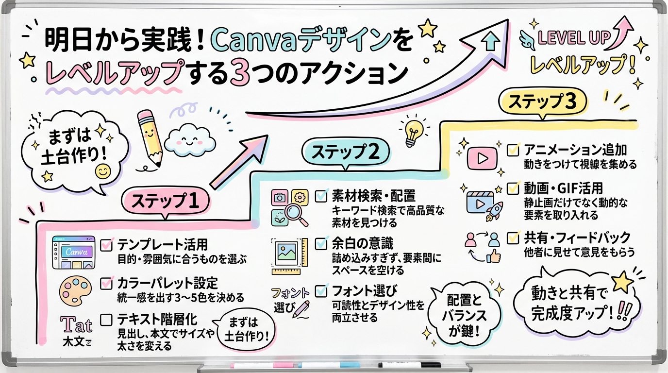 明日から実践！Canvaデザインをレベルアップする3つのアクションの図解