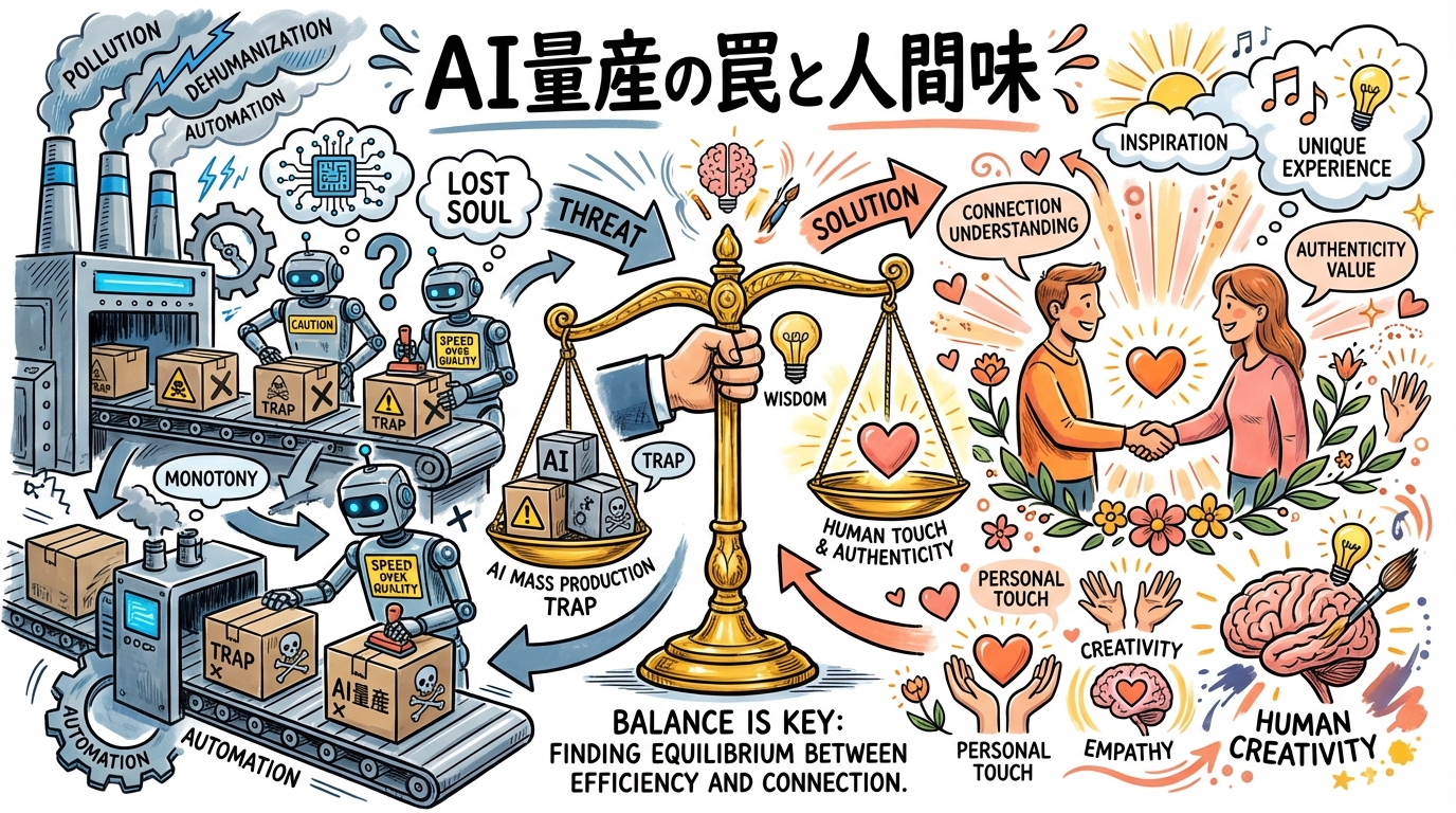 AIコンテンツ量産の罠 人間味の差別化 グラレコ風図解