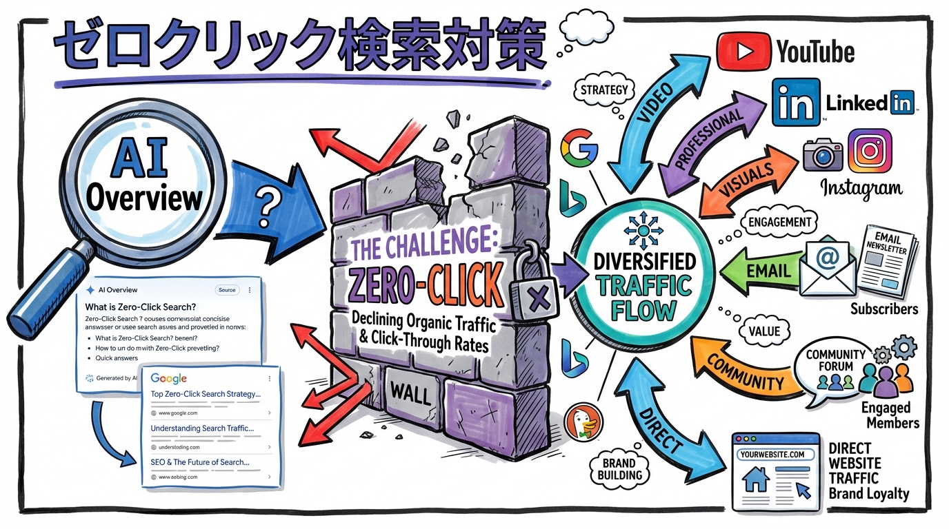 ゼロクリック検索 SEO AIO集客術 グラレコ風図解