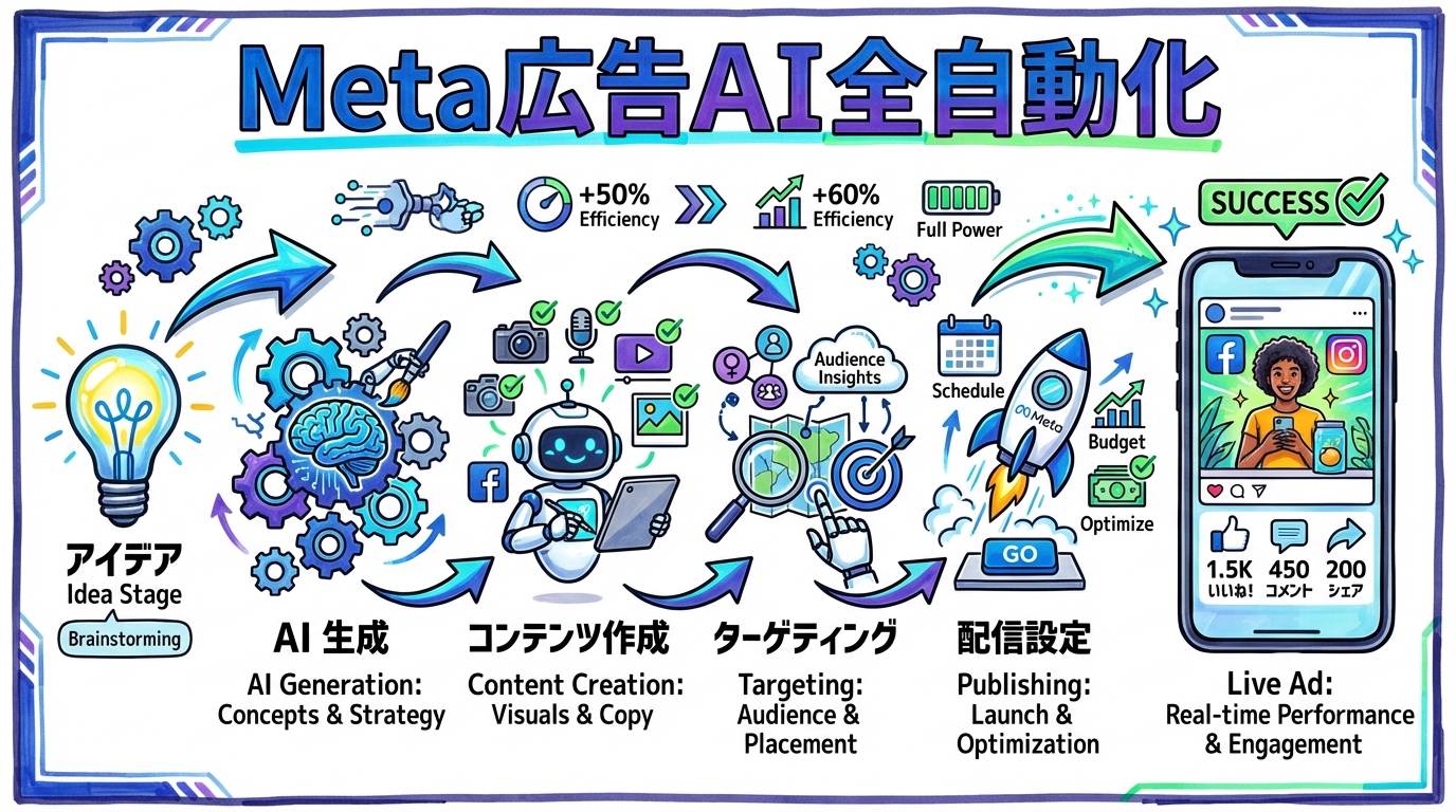 Meta AI広告自動化 個人事業主の広告 グラレコ風図解
