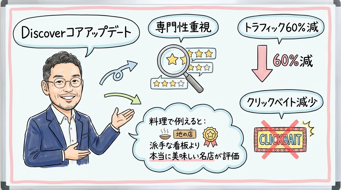 Google Discoverコアアップデート 検索変化 専門性重視 グラレコ図解
