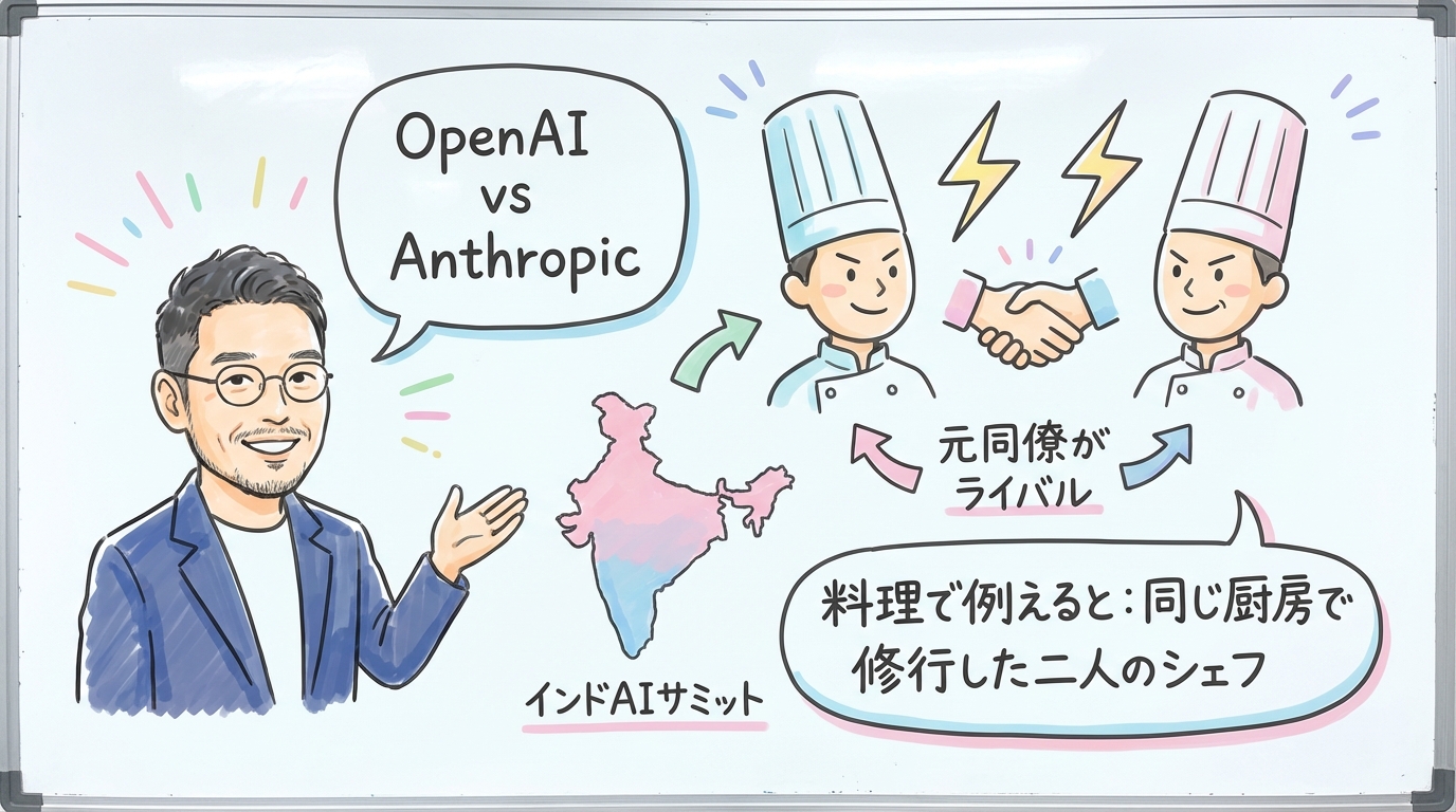 OpenAI vs Anthropic インドAIサミット 競争と進化 グラレコ図解