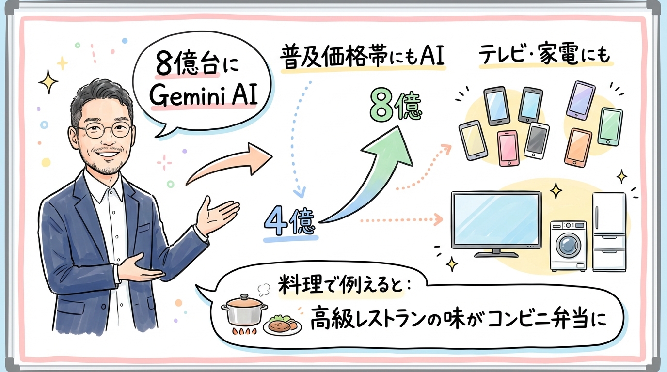 Samsung Gemini AI 8億台搭載 スマホAI標準化 グラレコ図解