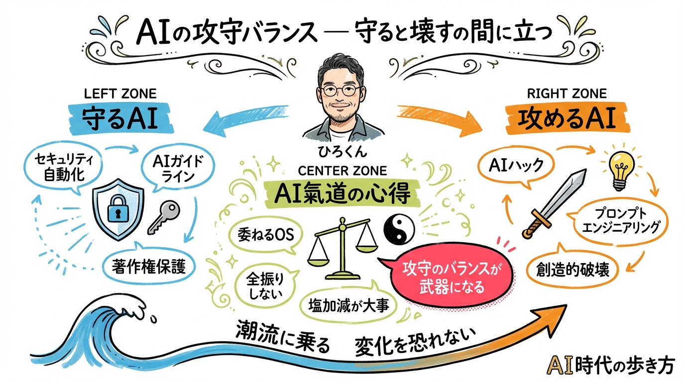 AIの攻守バランスとAI氣道の心得を図解するグラレコ
