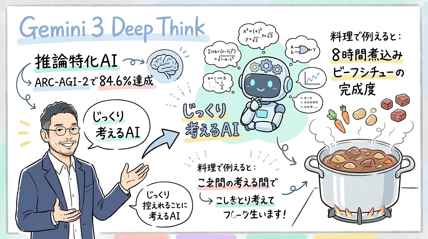 Gemini 3 Deep Thinkの推論特化AIモデルを図解するグラレコ