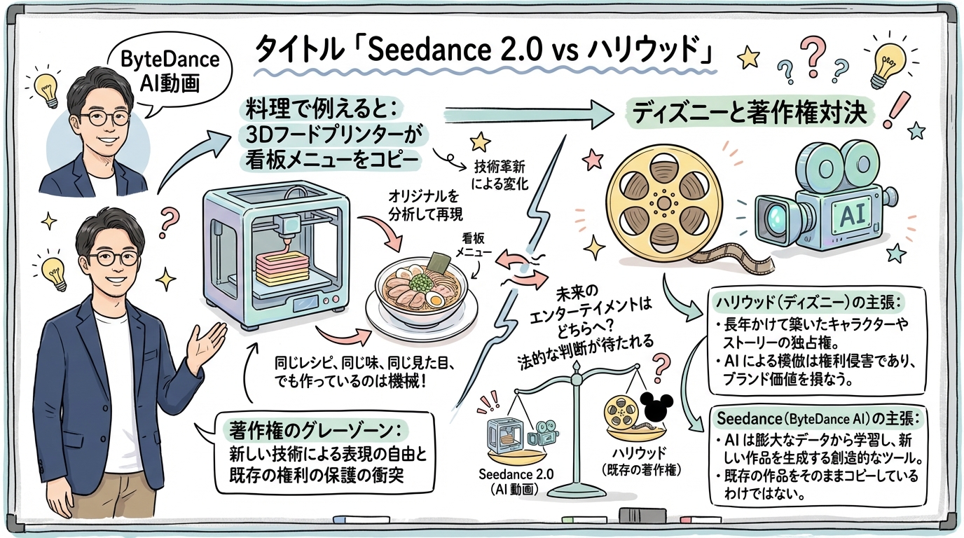 Seedance 2.0でAI動画生成とハリウッドの著作権問題のグラレコ