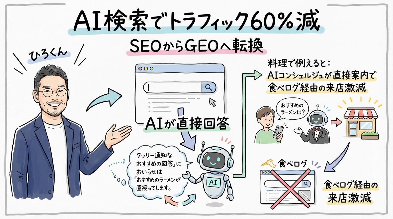 AI検索によるSEOからGEOへの転換を図解するグラレコ