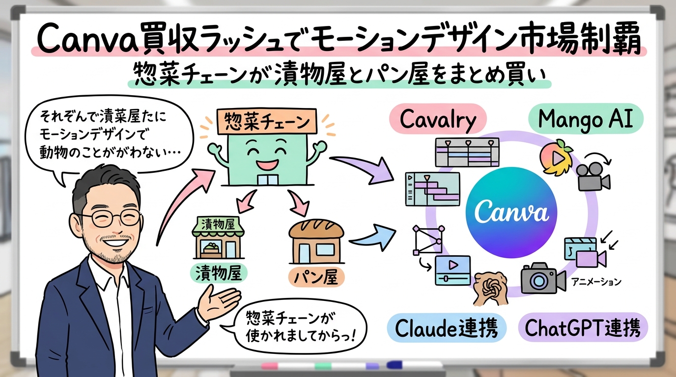 Canva Cavalry Mango AI買収 モーションデザイン グラレコ図解