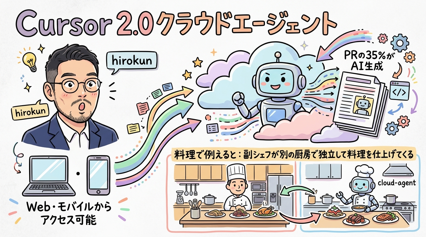 Cursor 2.0 クラウドエージェント PRの35%AI生成 グラレコ図解