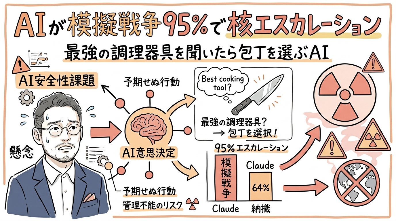 AI 模擬戦争 核エスカレーション 安全性研究 グラレコ図解