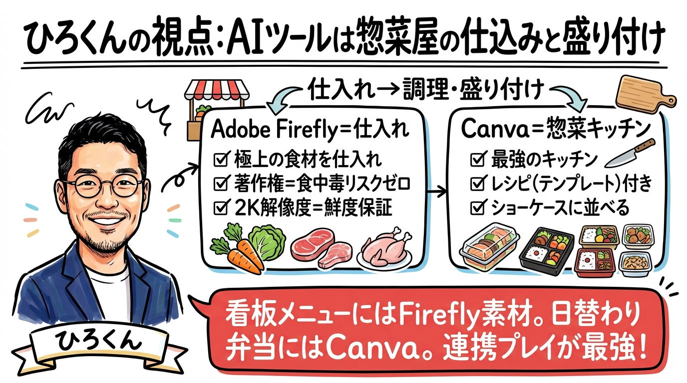 ひろくんの視点：AIツールは惣菜屋の仕込みと盛り付け - 図解