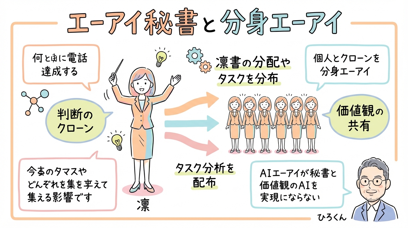 グラフィックレコーディング図解:司令塔としての「AI秘書」と「分身AI」