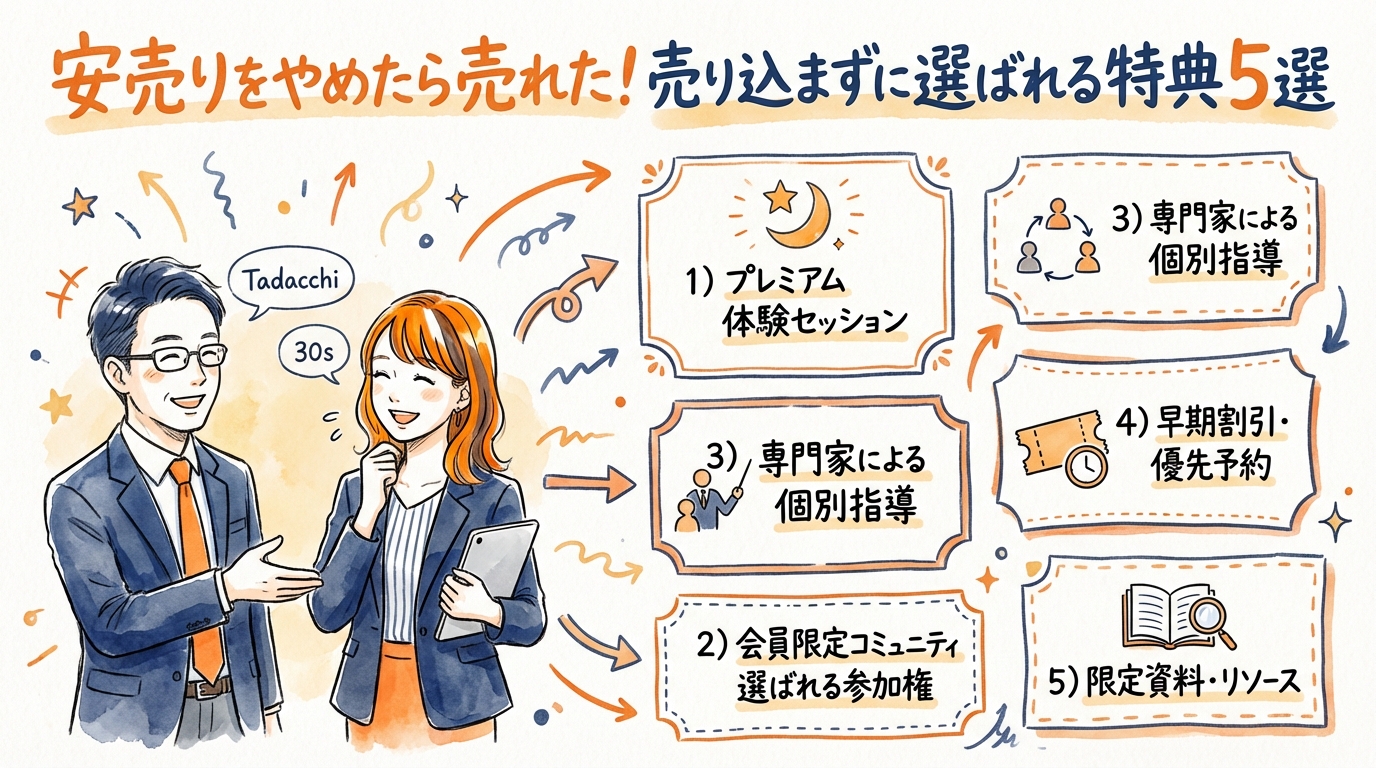安売りをやめたら売れた！売り込まずに選ばれる特典5選 全体図解グラレコ