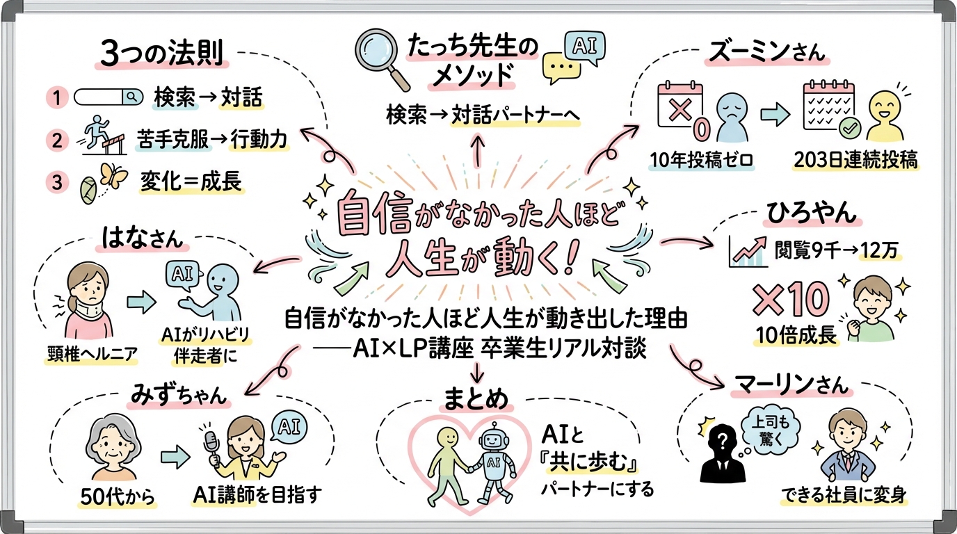 自信がなかった人ほど人生が動き出した理由 AI×LP講座 卒業生リアル対談 グラレコ全体図