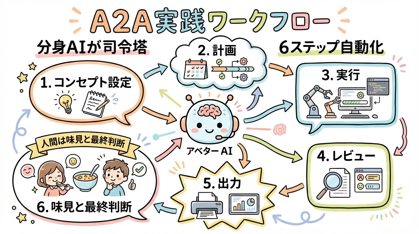 【A2A革命・実践編】AIがAIを動かす日 — 分身AIが自走を始める社長無人化の現場レポート グラレコ図解