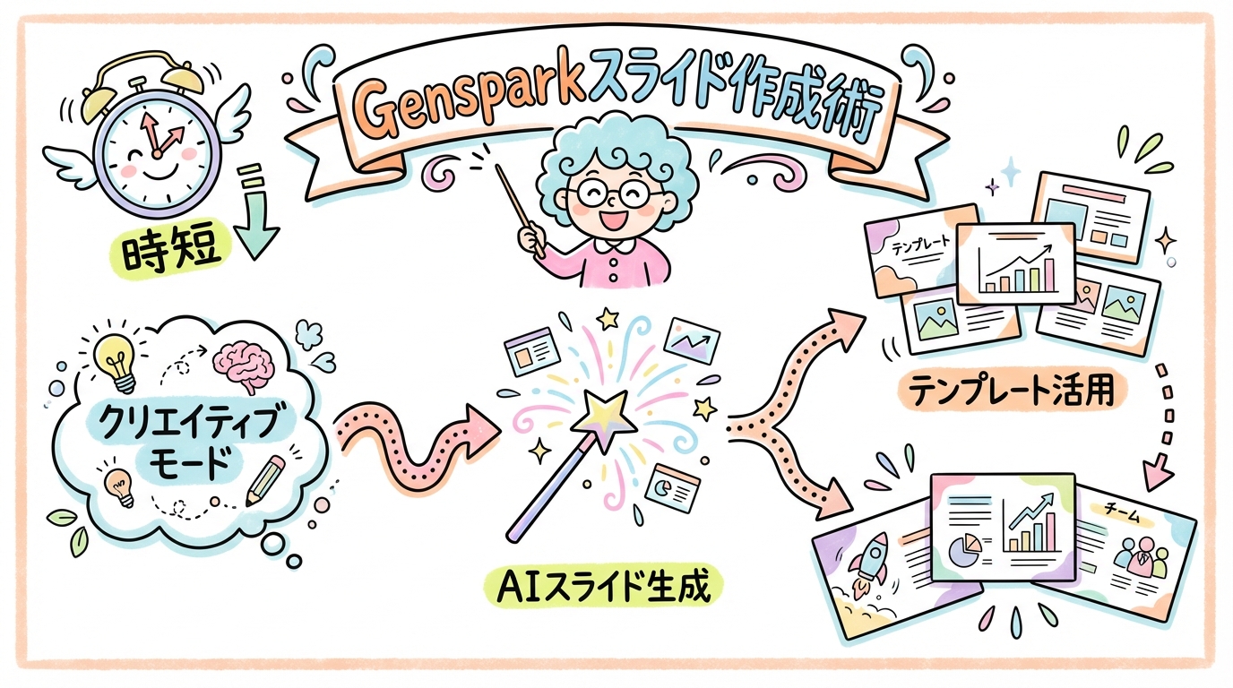 Gensparkスライド作成の全手順｜クリエイティブモードの使い方と実務活用法【2026年最新】 グラレコ図解