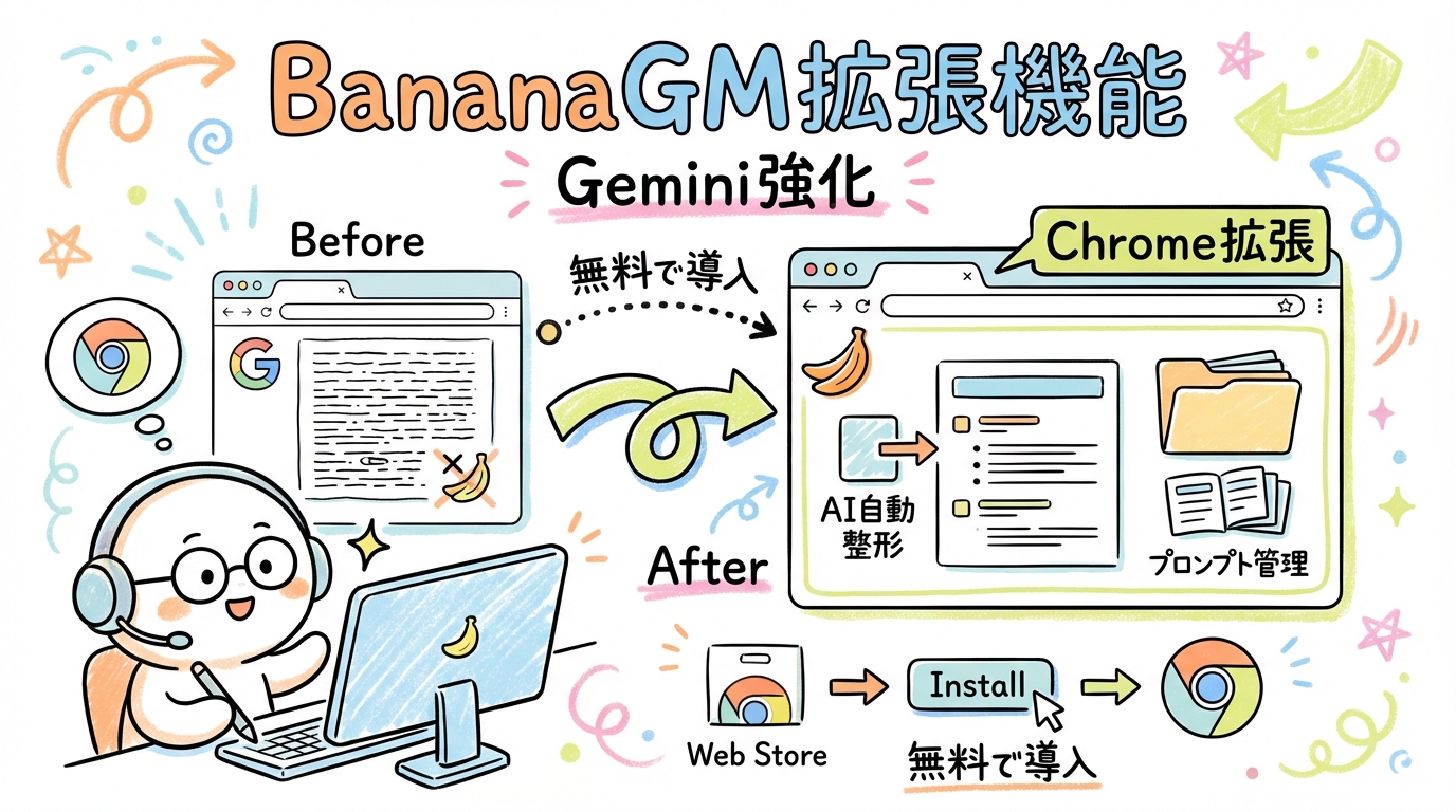 BananaGM拡張機能でGeminiがもっとスムーズに、もっとクリエイティブに！ナノバナナに魔法をかける方法とは？ グラレコ図解