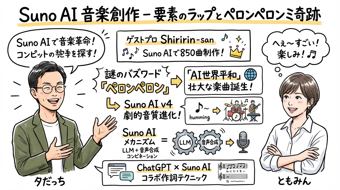 Suno AI音楽制作 全体図解グラレコ ただっち&ともみん