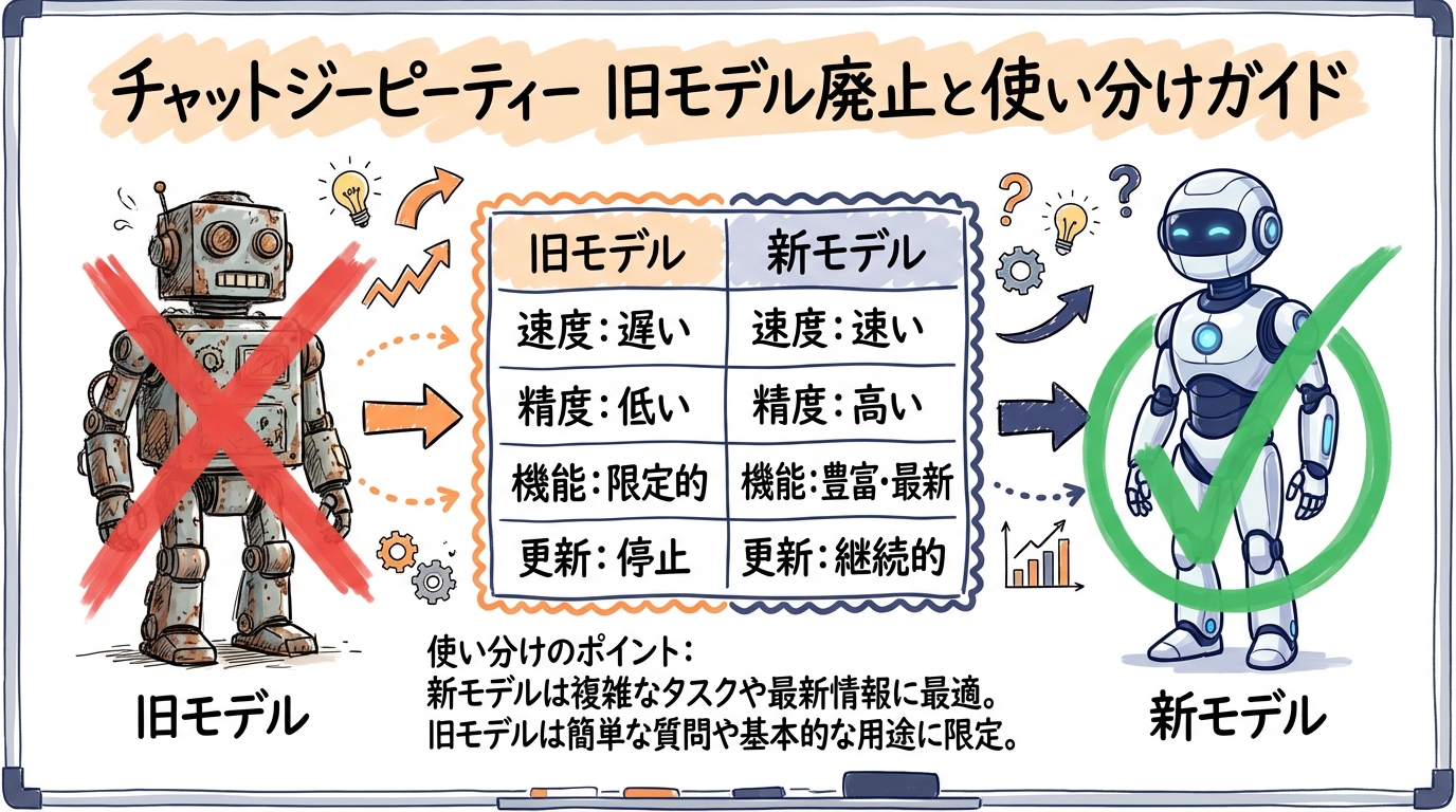 ChatGPTレガシーモデル廃止と使い分けガイド グラフィックレコーディング