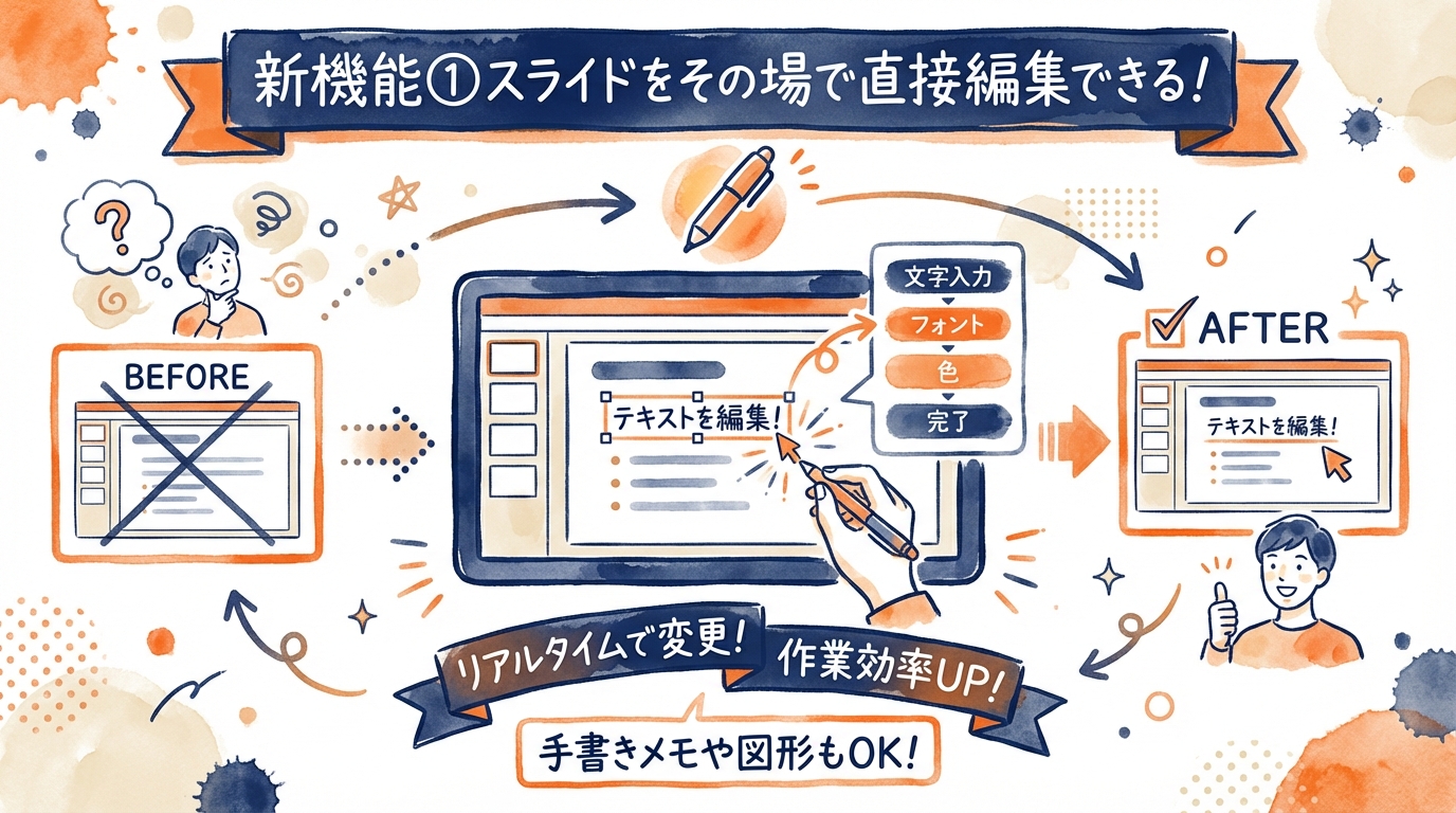 新機能スライドをその場で直接編集できる グラレコ
