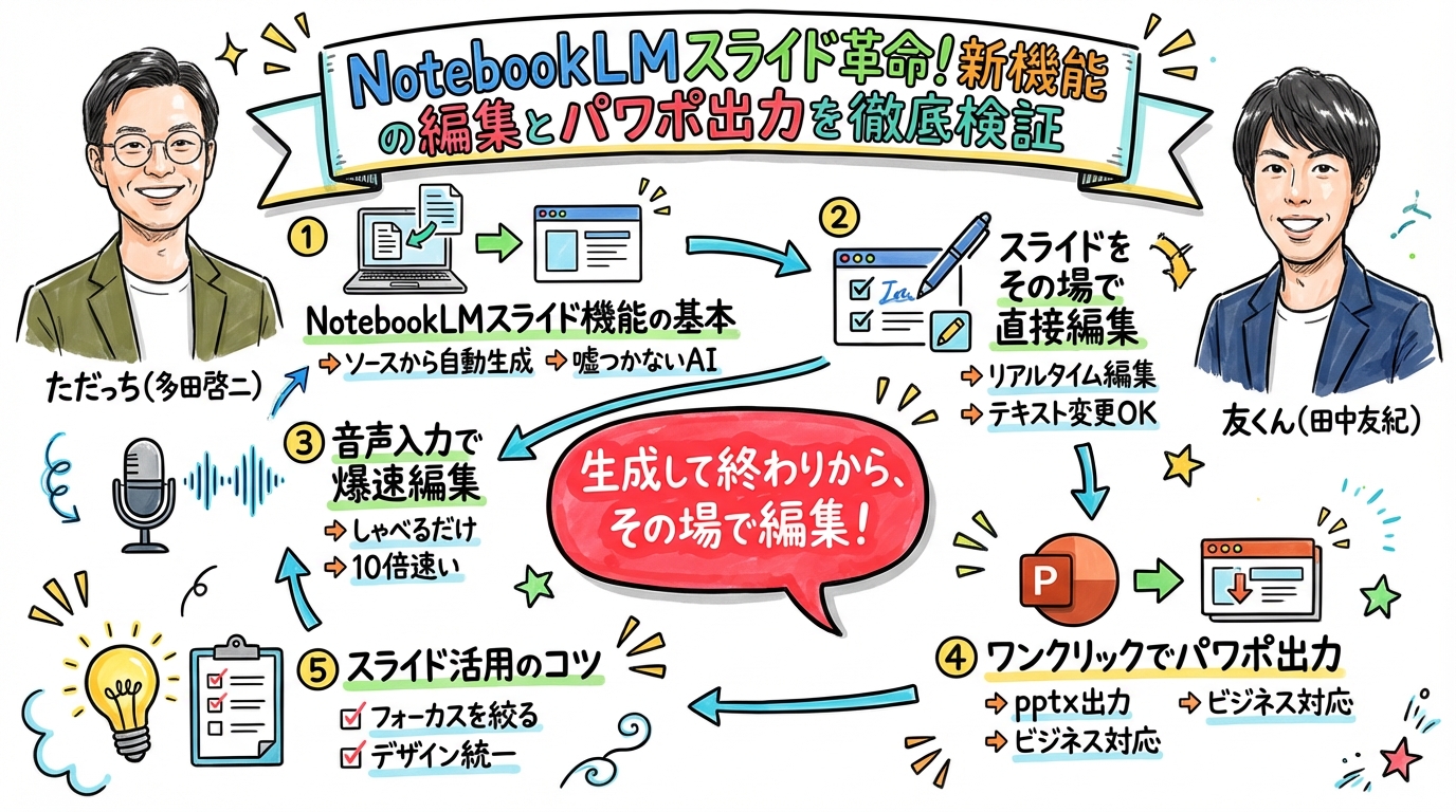 NotebookLMスライド革命！新機能の編集とパワポ出力を徹底検証 全体図解グラレコ