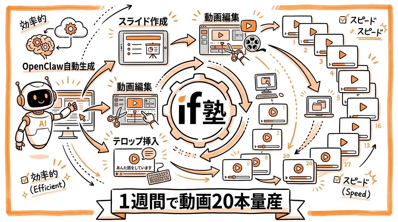 1週間で動画20本量産 OpenClawでAIコンテンツデリバレッジ 見出し図解