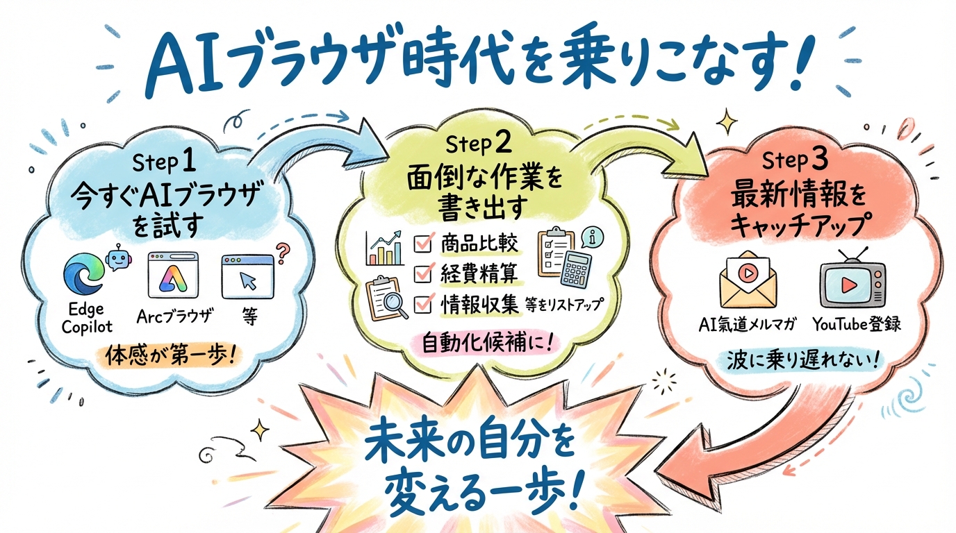 まとめ AIブラウザ時代を乗りこなす3つのアクション グラフィックレコーディング