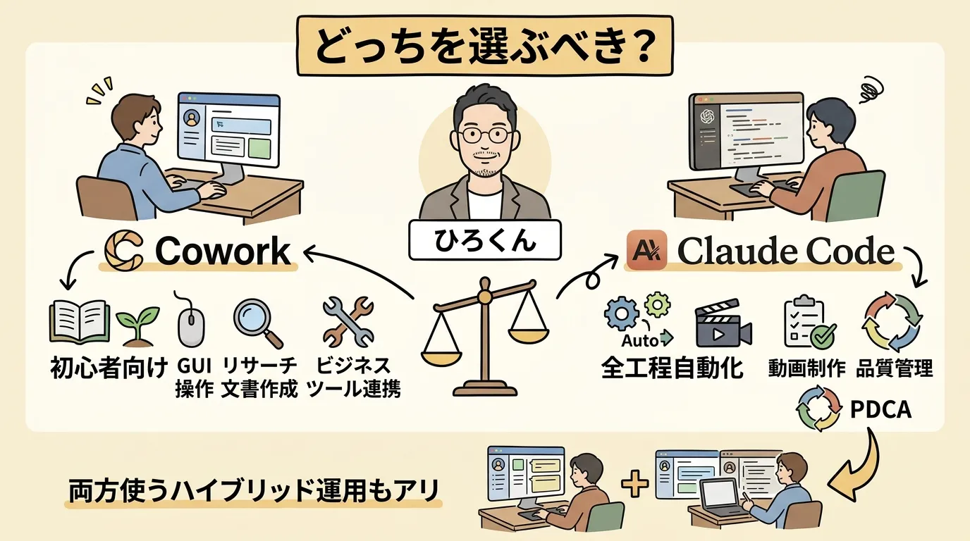 Claude Code vs Cowork どっちを選ぶべき？比較図解