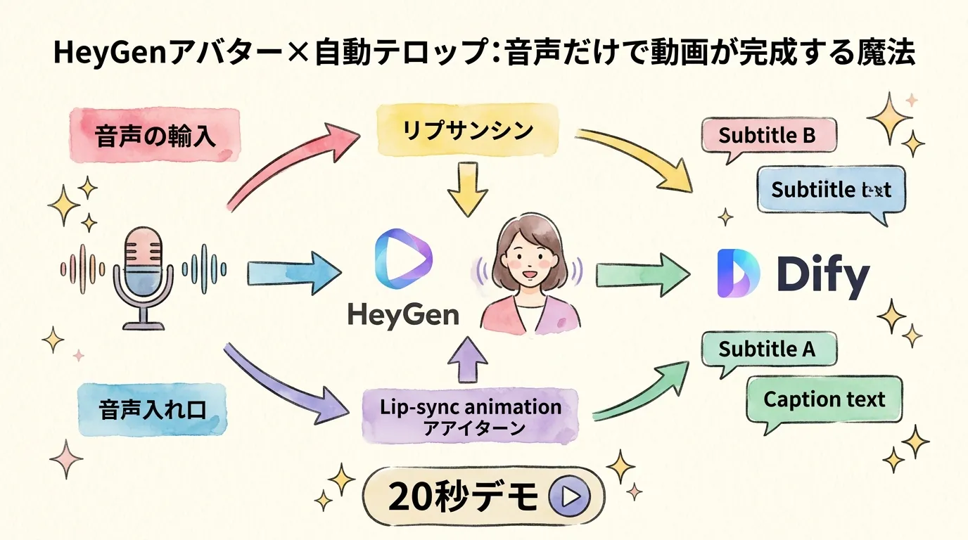 HeyGenアバター×自動テロップ:音声だけで動画が完成する魔法 図解グラレコ