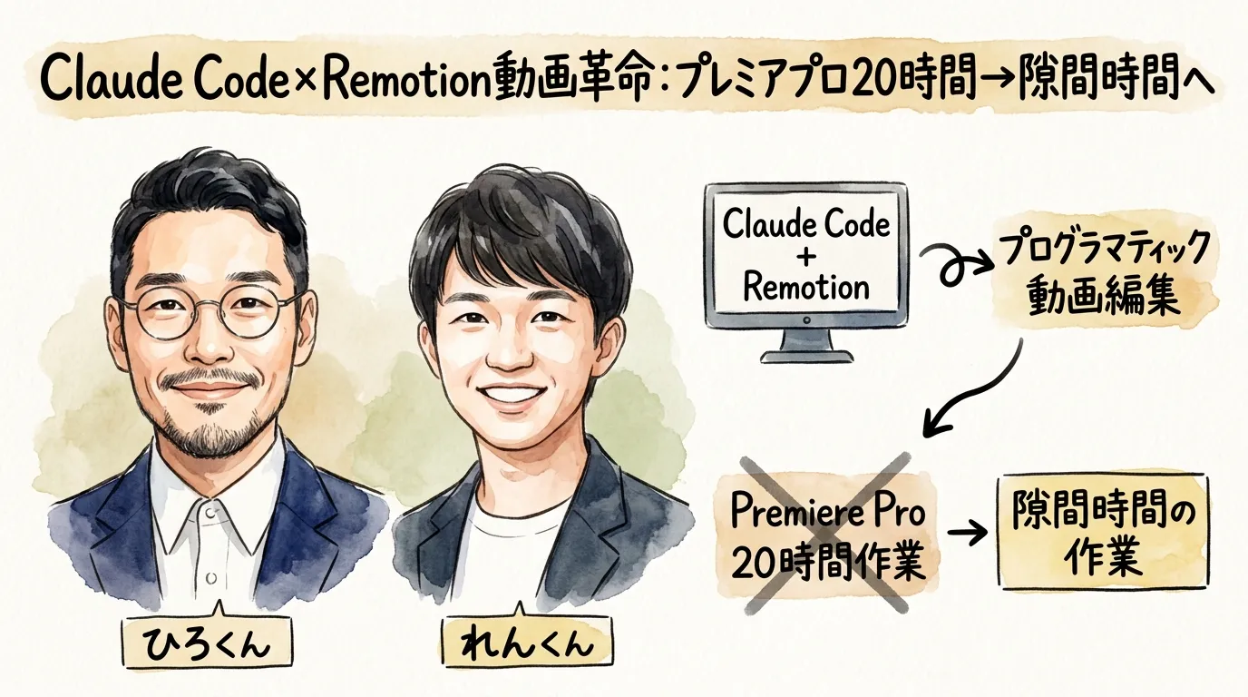Claude Code×Remotion動画革命:プレミアプロ20時間→隙間時間へ 図解グラレコ