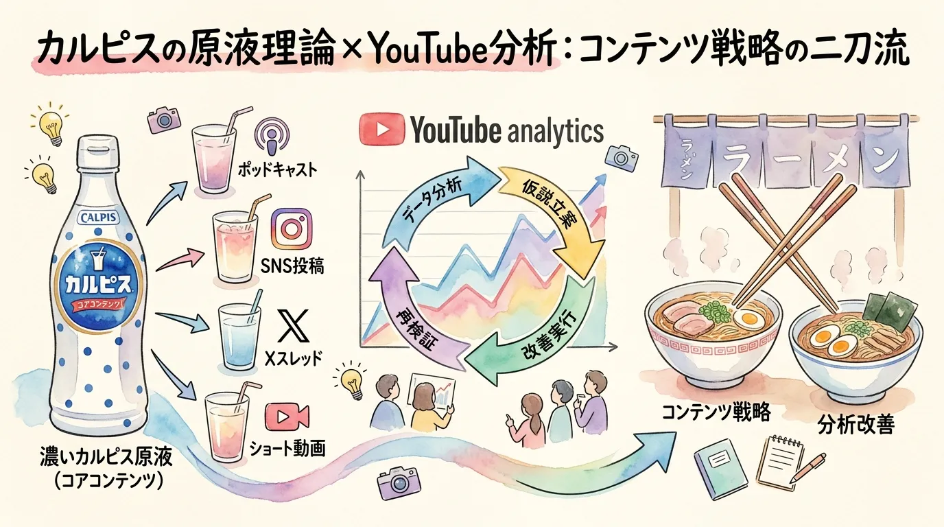 カルピスの原液理論×YouTube分析:コンテンツ戦略の二刀流 図解グラレコ