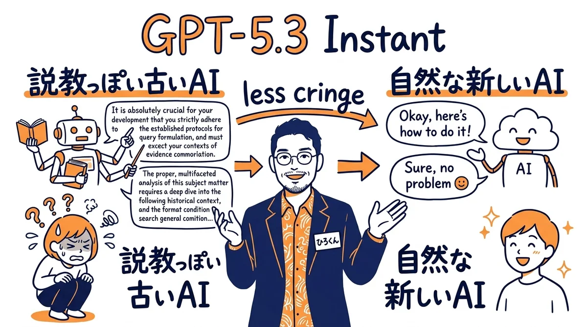 GPT-5.3 Instant less cringeアップデート グラフィックレコーディング風図解