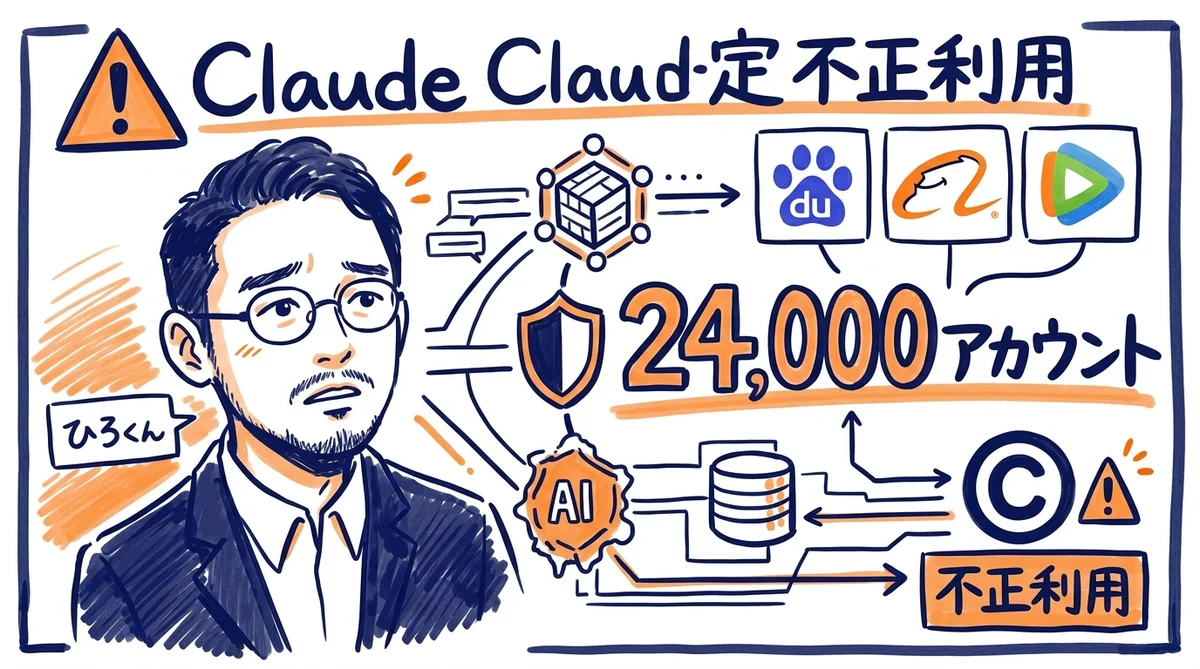 中国AI3社 Claude不正利用 24000アカウント グラフィックレコーディング風図解
